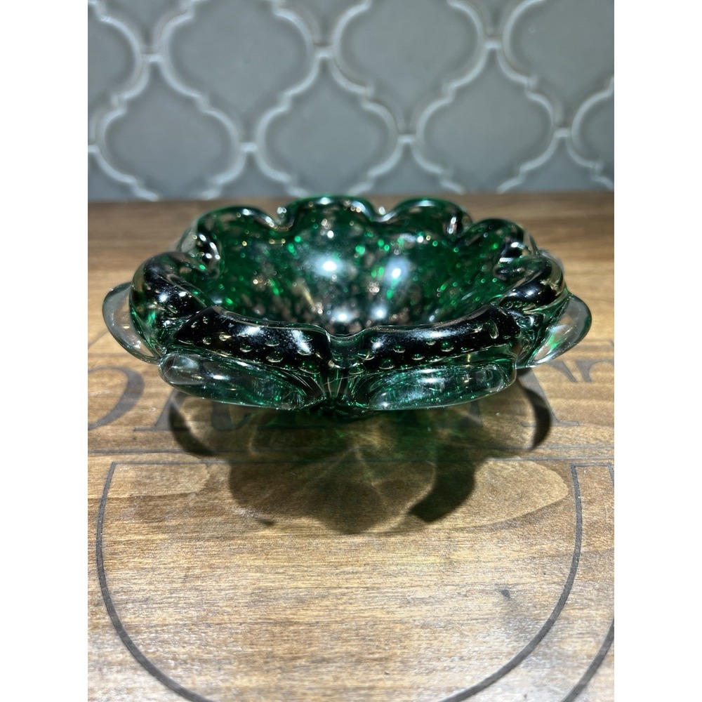 Murano Green Floral Ash Tray Hand‎ Blown Glass With Bubbles